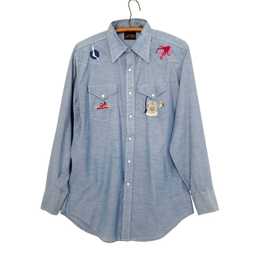 VTG Sears Embroidered Scuba Diving Embroidered Marine Pearl Snap Shirt Sz‎ L